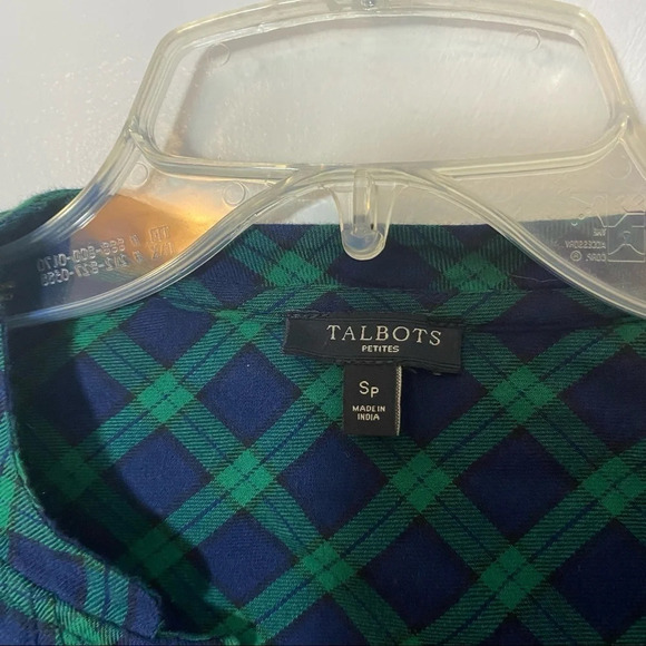 Talbots shirt buttons tartan plaid Blue Green Size Small Petite - Picture 2 of 7